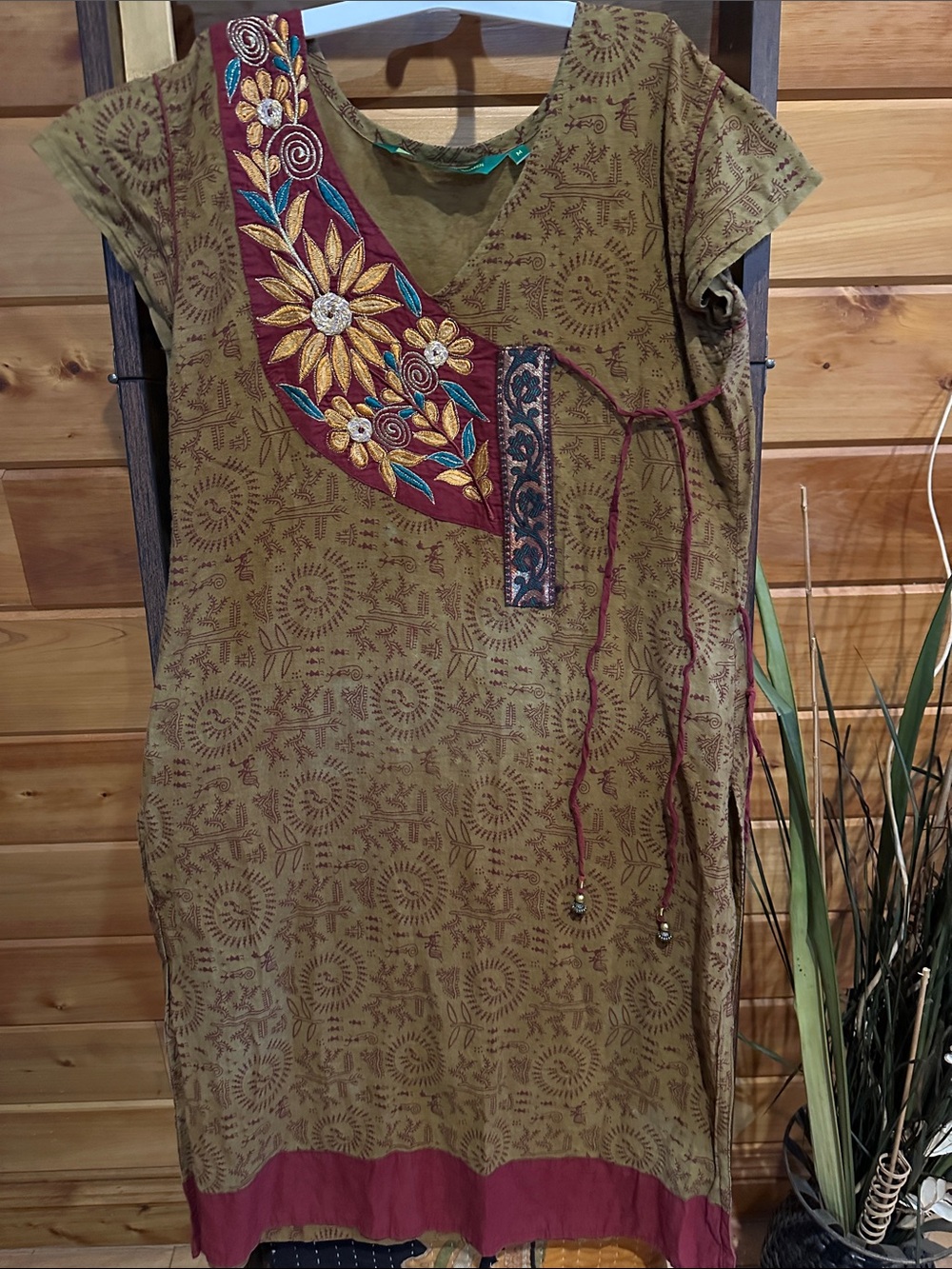 Express Olive Tunic with Burgundy & Teal Embroidered Yoke Kurta